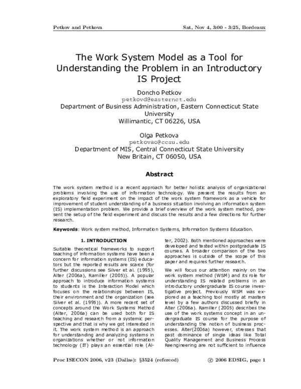 (PDF) The Work System Model As A Tool For Understanding The Problem
