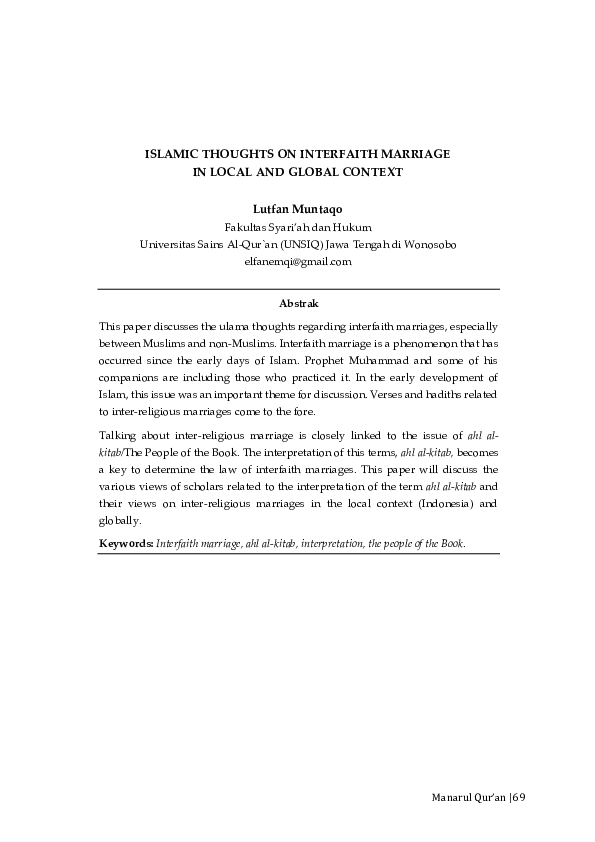 (PDF) Islamic Thoughts on Interfaith Marriage in Local and Global Context