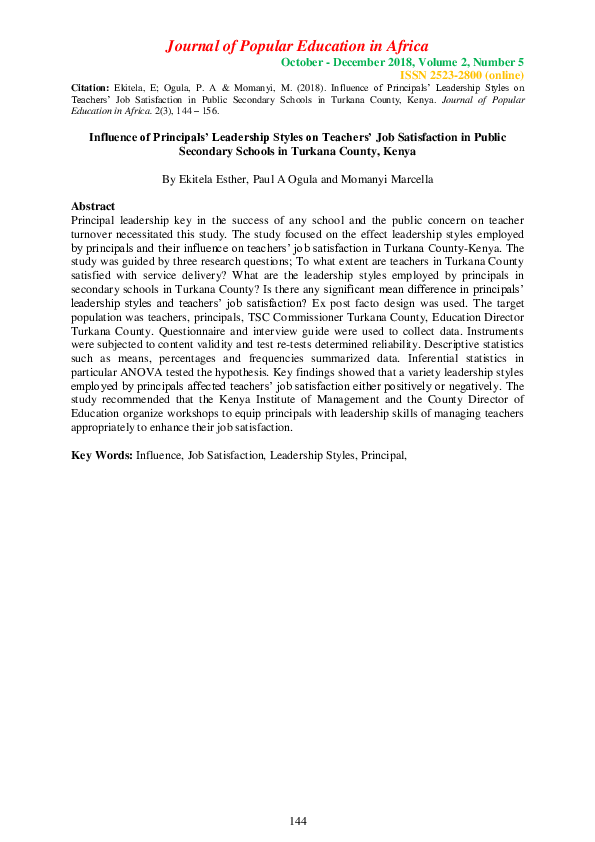 (PDF) Influence of Principals ’ Leadership Styles on Teachers ’ Job ...