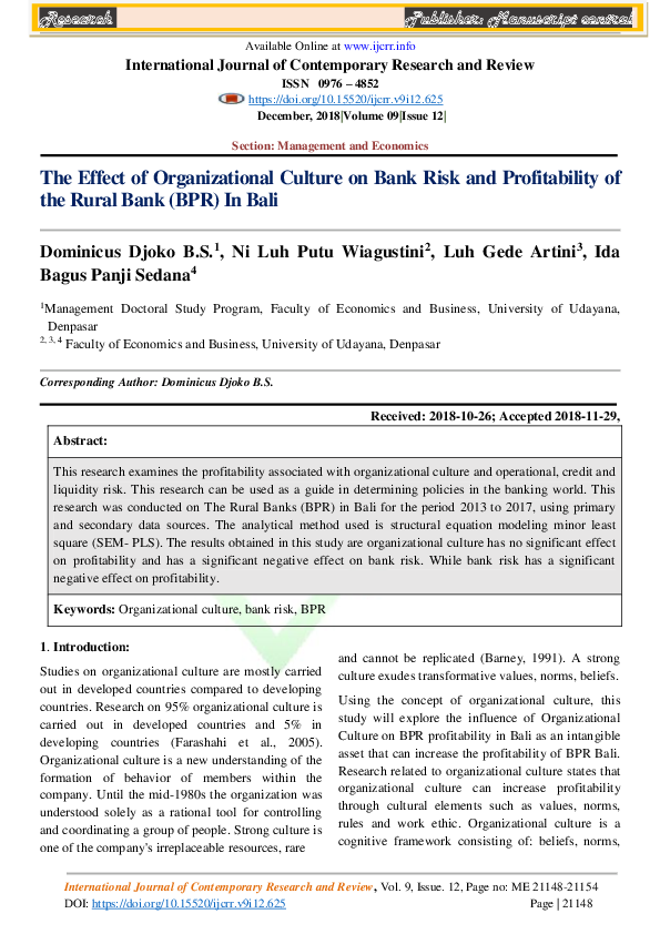 (PDF) The Effect of Organizational Culture on Bank Risk and ...
