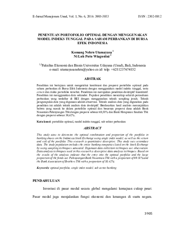 (PDF) Penentuan Portofolio Optimal Dengan Menggunakan Model Indeks