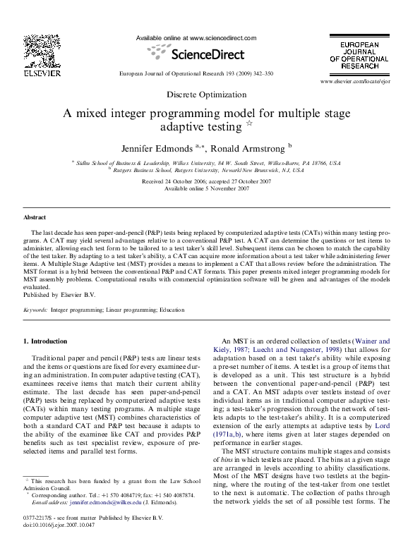 (PDF) A Mixed Integer Programming Model for Multiple Stage Adaptive Testing