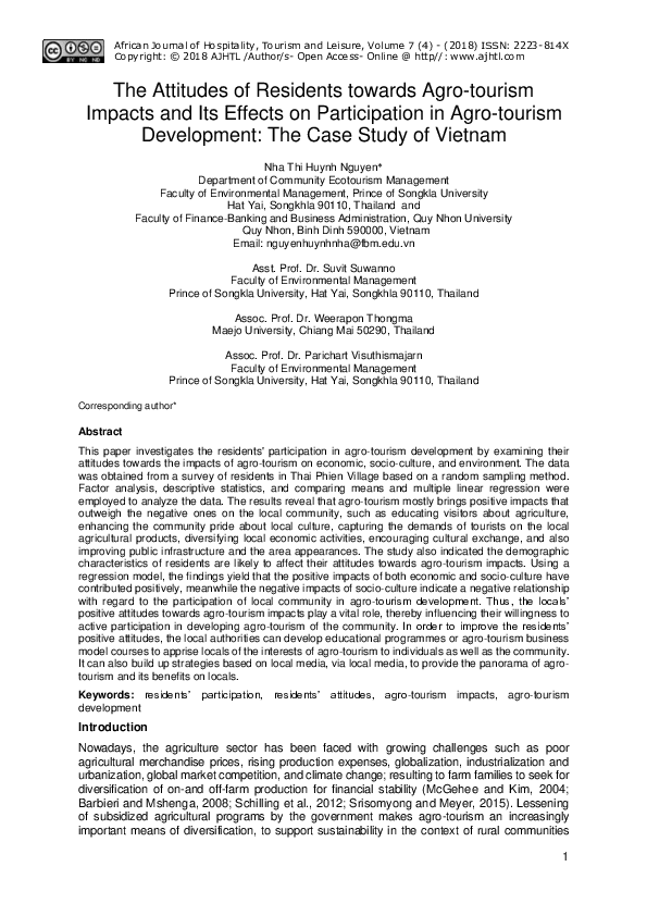 (PDF) The Attitudes of Residents towards Agro-tourism Impacts and Its ...