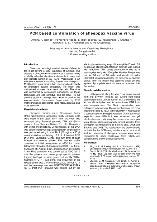 (PDF) PCR based confirmation of sheeppox vaccine virus