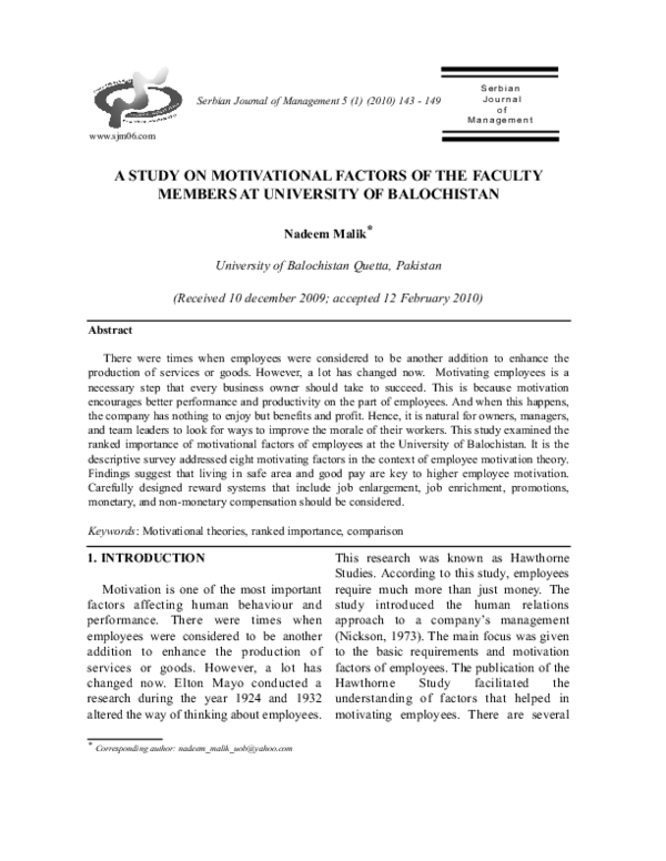 (PDF) A Study on Motivational Factors of the Faculty Members at ...