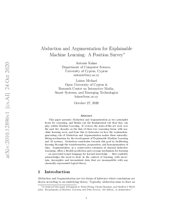 (PDF) Abduction and Argumentation for Explainable Machine Learning: A ...