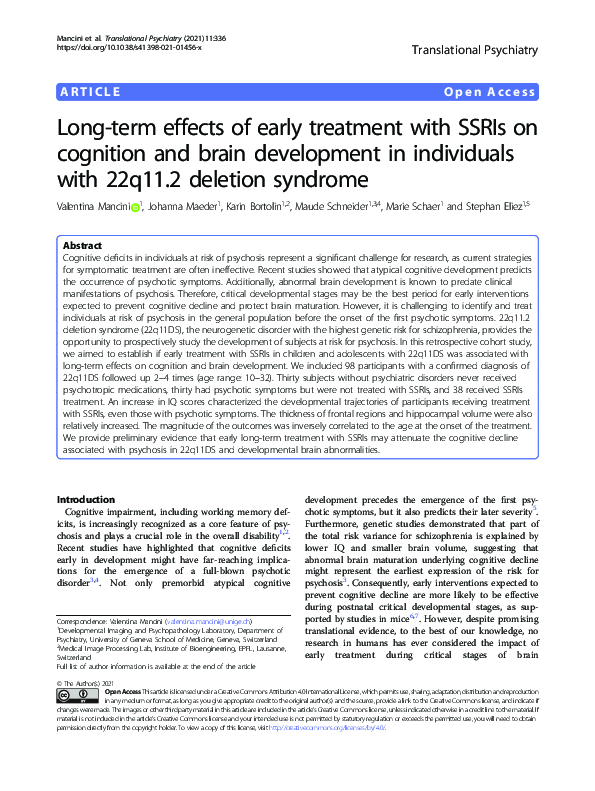 (PDF) Long-term effects of early treatment with SSRIs on cognition and ...