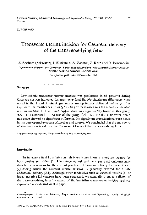 (PDF) Transverse uterine incision for Cesarean delivery of the ...