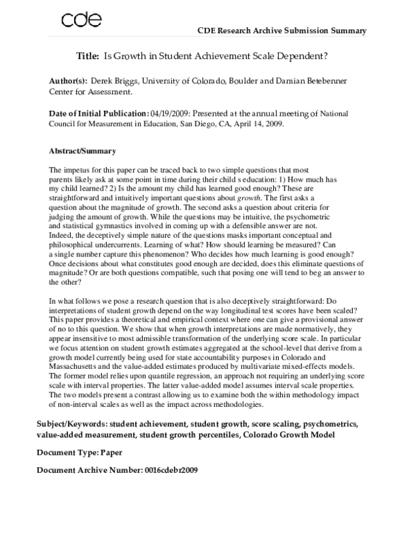 (PDF) Title: Is Growth in Student Achievement Scale Dependent? value ...