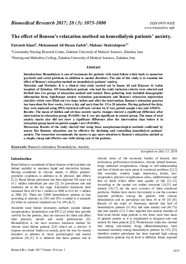 (PDF) The effect of Benson's relaxation method on hemodialysis patients ...