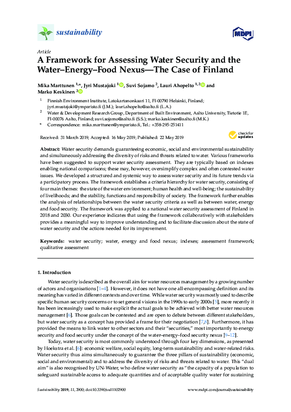 (PDF) A Framework for Assessing Water Security and the Water–Energy ...