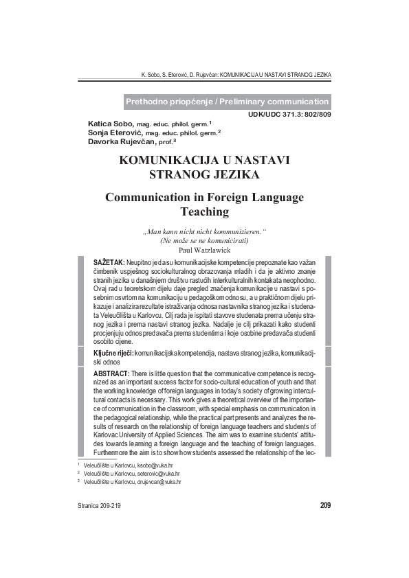 (PDF) Komunikacija U Nastavi Stranog Jezika