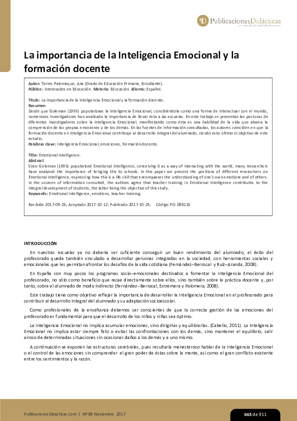 (PDF) La importancia de la Inteligencia Emocional y la formación docente