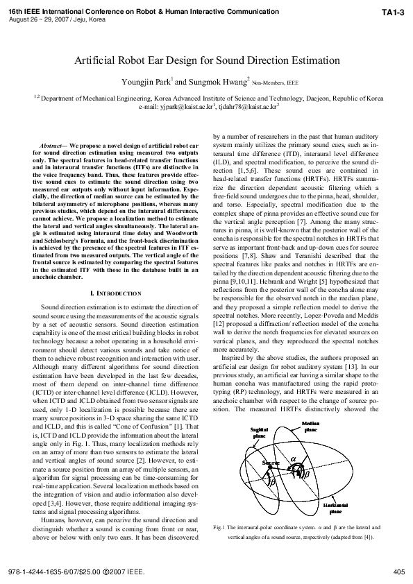 (PDF) Artificial Robot Ear Design for Sound Direction Estimation