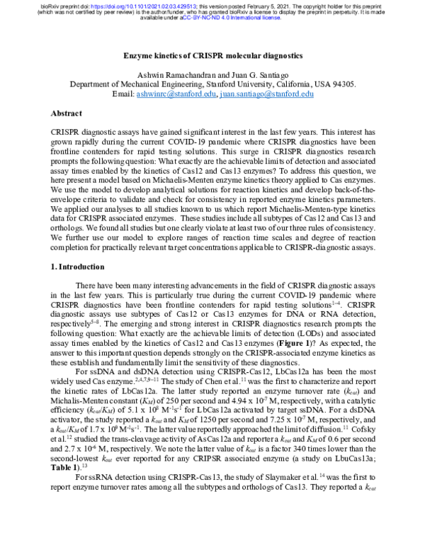 CRISPR ENZYME KINETICS FOR MOLECULAR DIAGNOSTICS intelligence overview