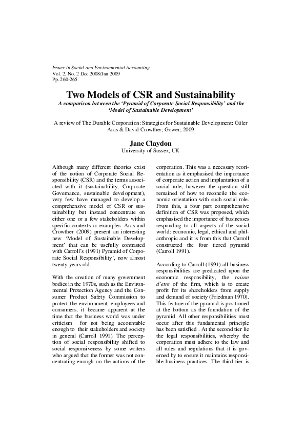(PDF) Two Models of CSR and Sustainability: A comparison between the â ...