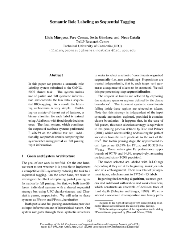 (PDF) Semantic Role Labeling as