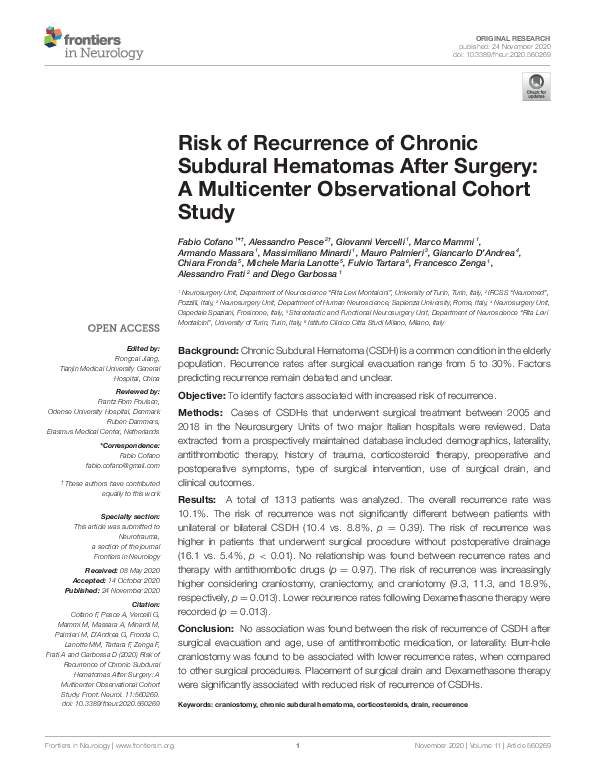 (PDF) Risk of Recurrence of Chronic Subdural Hematomas After Surgery: A ...