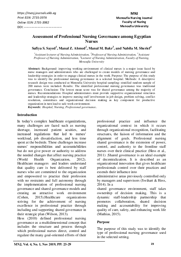 (PDF) Assessment of Professional Nursing Governance among Egyptian