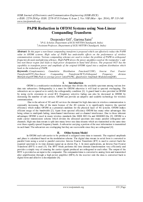 (PDF) PAPR Reduction in OFDM Systems using Non-Linear Companding Transform