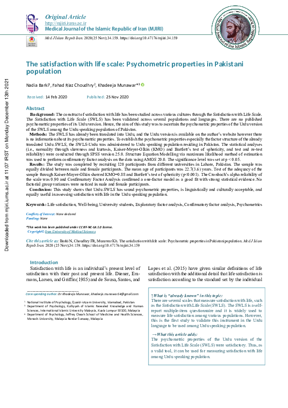 (PDF) The satisfaction with life scale: Psychometric properties in ...