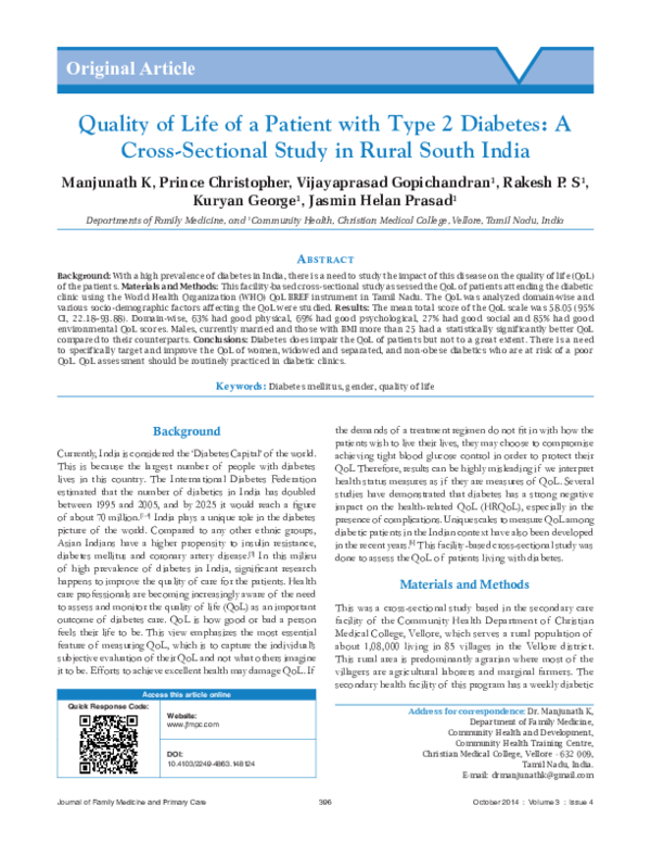 (PDF) Quality of life of a patient with type 2 diabetes: A cross ...