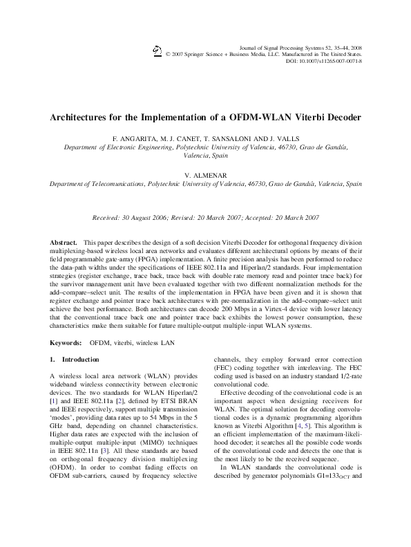 (PDF) Architectures for the Implementation of a OFDM-WLAN Viterbi Decoder