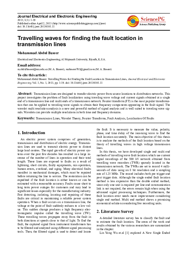 (PDF) Travelling Waves for Finding the Fault Location in Transmission Lines Mohammad Abdul