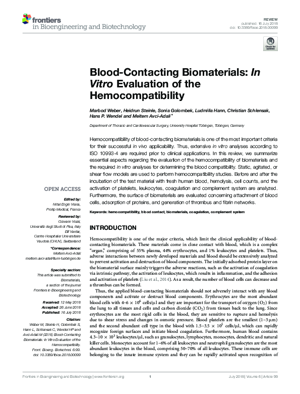 (PDF) Blood-Contacting Biomaterials: In Vitro Evaluation of the ...