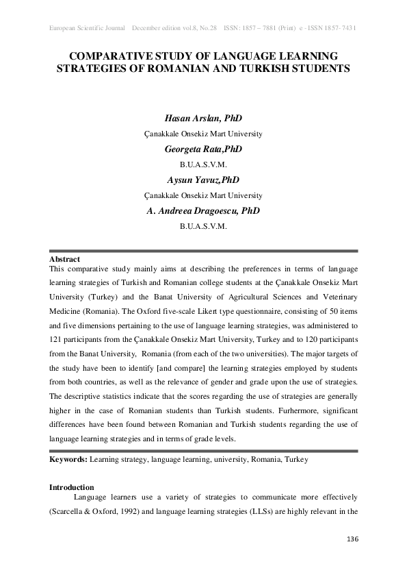 (PDF) Comparative Study of Language Learning Strategies of Romanian and ...