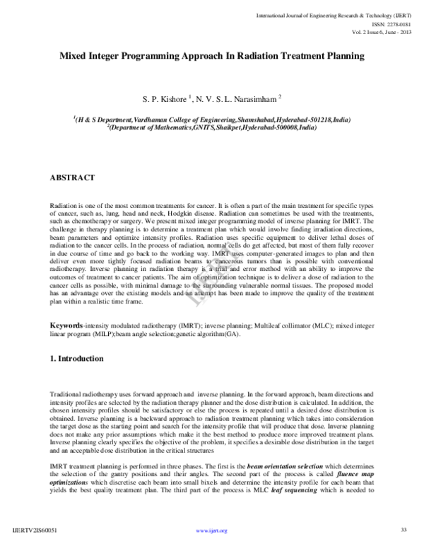 (PDF) Mixed Integer Programming Approach In Radiation Treatment Planning