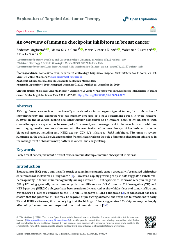 (PDF) An overview of immune checkpoint inhibitors in breast cancer