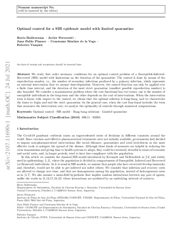 (PDF) Optimal control for a SIR epidemic model with limited quarantine