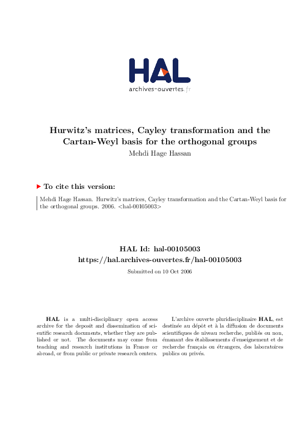 (PDF) Hurwitz's matrices, Cayley transformation and the Cartan-Weyl ...