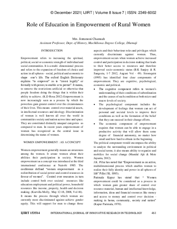 (PDF) Role of Education in Empowerment of Rural Women