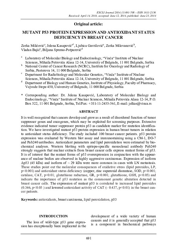 (PDF) Mutant p53 protein expression and antioxidant status deficiency ...