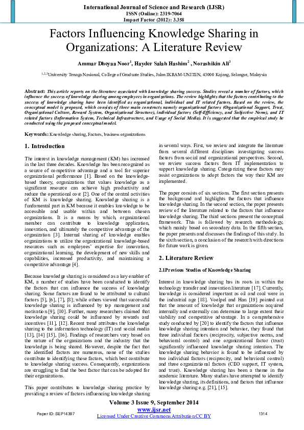 (PDF) Factors Influencing Knowledge Sharing in Organizations: A ...