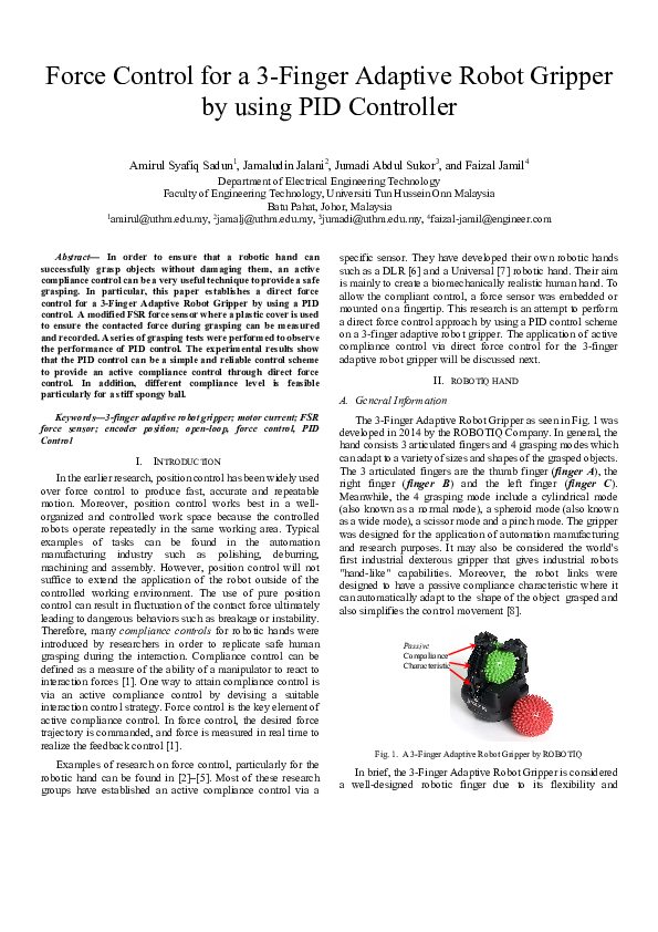 (PDF) Force control for a 3-Finger Adaptive Robot Gripper by using PID ...