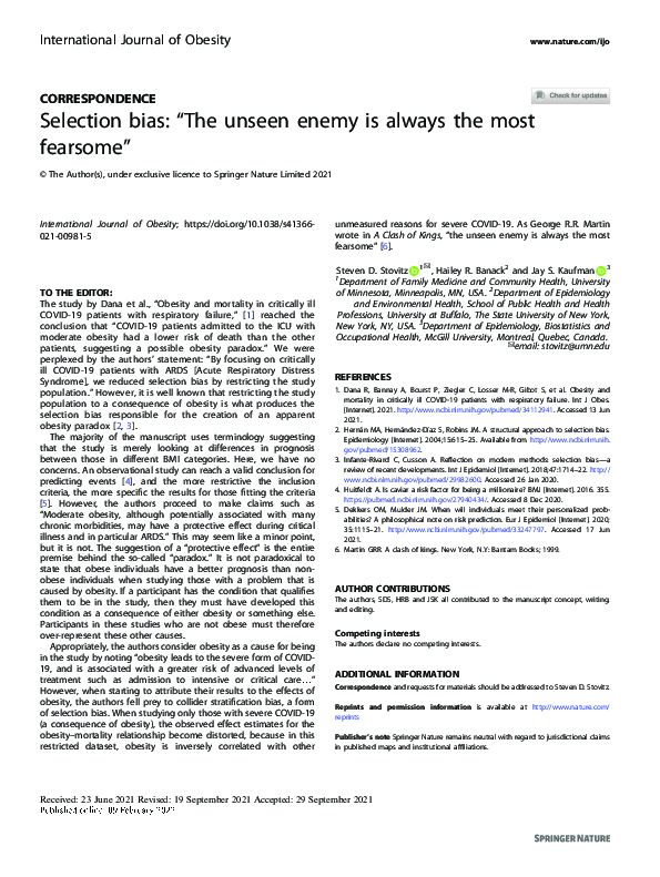 (PDF) Selection bias: “The unseen enemy is always the most fearsome”