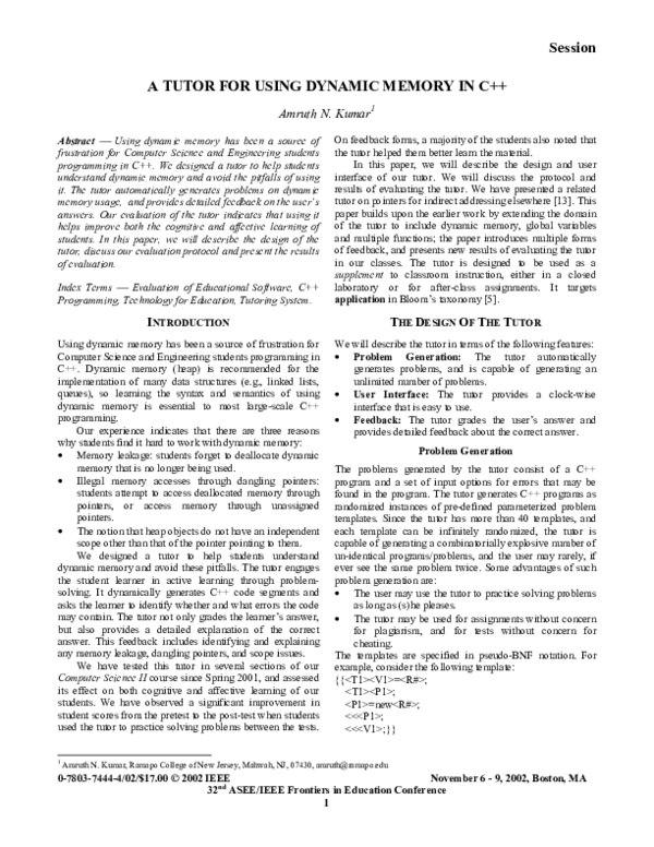 (PDF) A Tutor For Using Dynamic Memory In C++