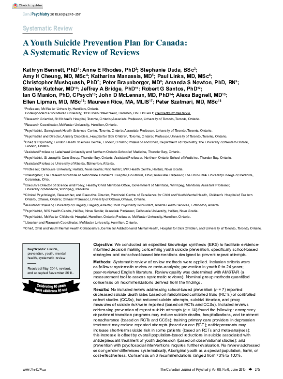 (PDF) A Youth Suicide Prevention Plan for Canada: A Systematic Review ...