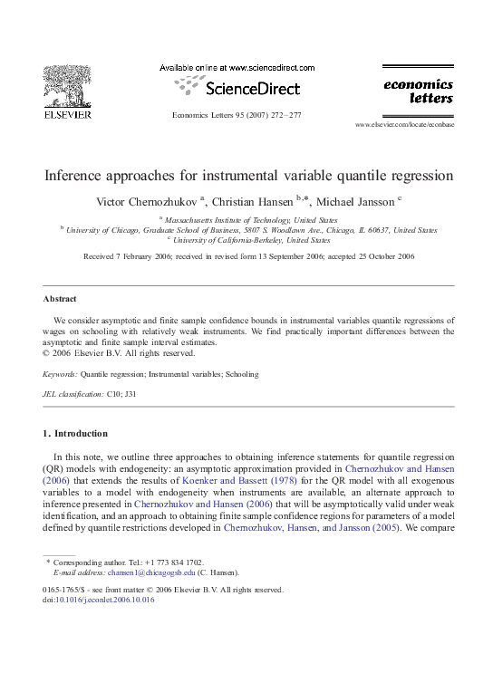 (PDF) Inference approaches for instrumental variable quantile regression