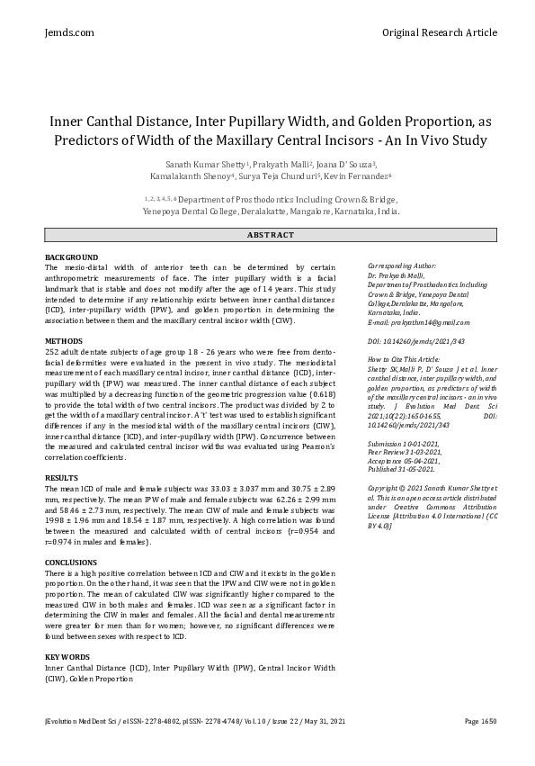 (PDF) Inner Canthal Distance, Inter Pupillary Width, and Golden ...