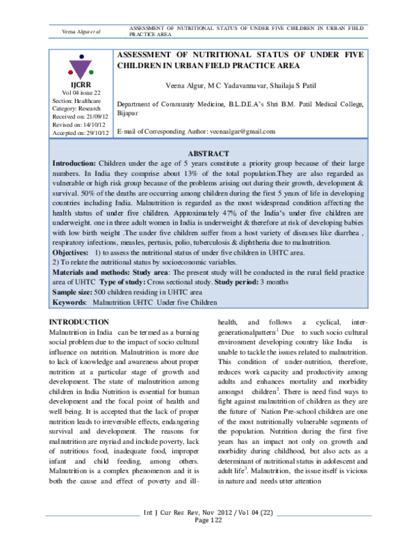 (PDF) Assessment of Nutritional Status of Under Five Children in Urban ...