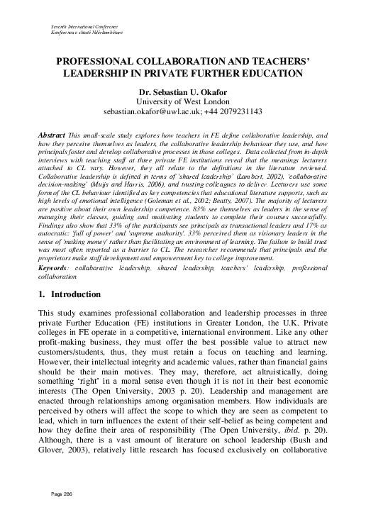 (PDF) PROFESSIONAL COLLABORATION AND TEACHERS' LEADERSHIP IN PRIVATE ...
