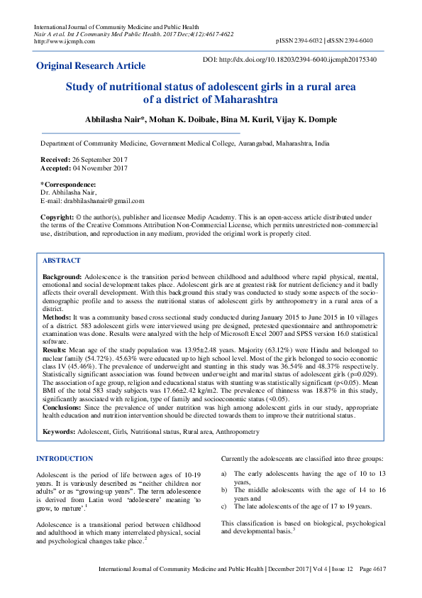 (PDF) Study of nutritional status of adolescent girls in a rural area ...