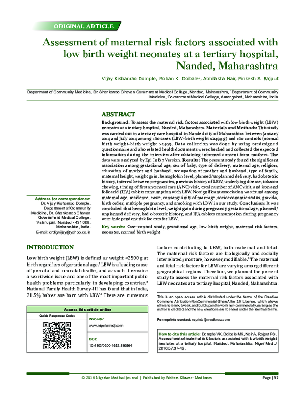 (PDF) Assessment of maternal risk factors associated with low birth ...