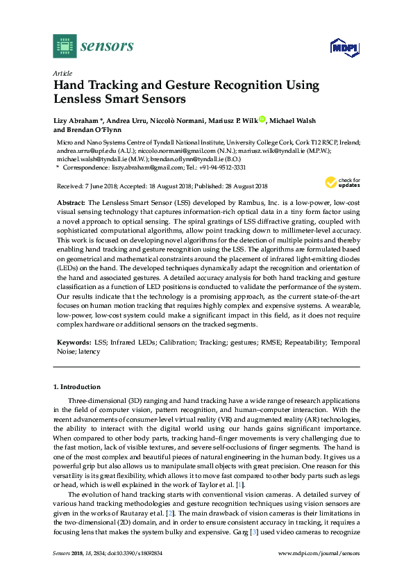 (PDF) Hand Tracking and Gesture Recognition Using Lensless Smart Sensors