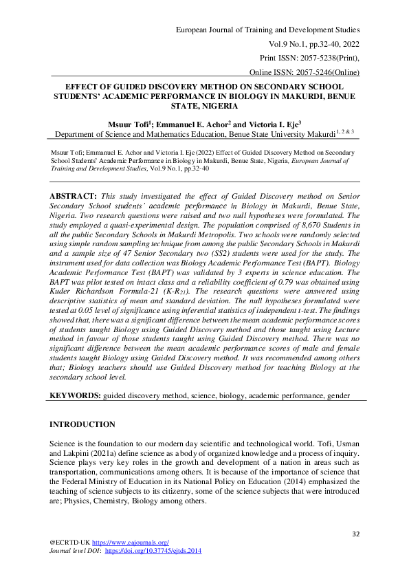 (PDF) EFFECT OF GUIDED DISCOVERY METHOD ON SECONDARY SCHOOL STUDENTS ...