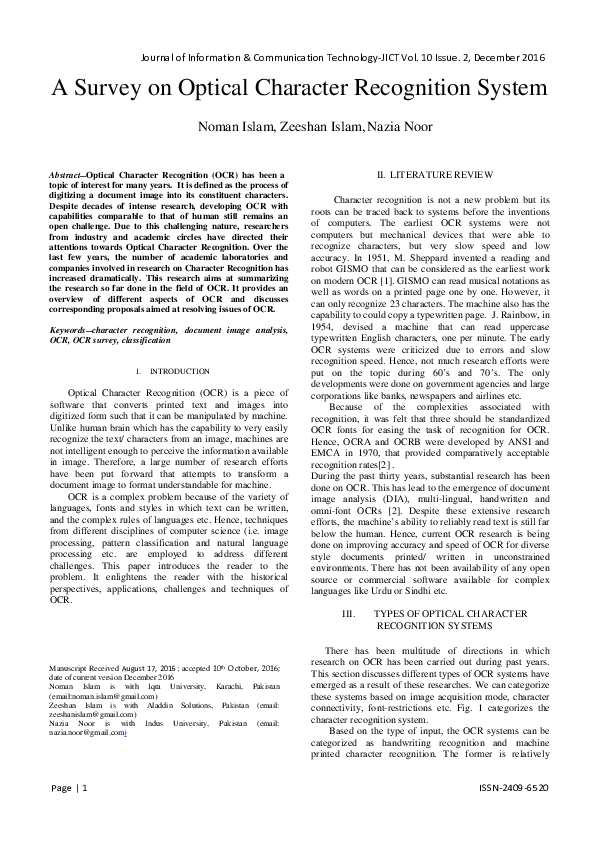 (PDF) A Survey on Optical Character Recognition System